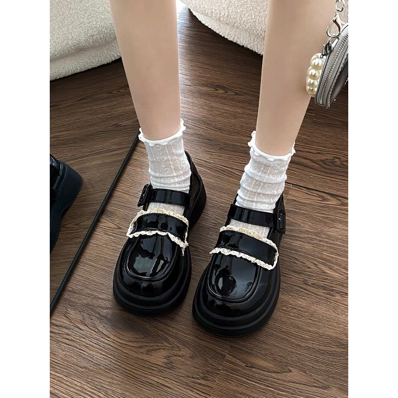 Giày lolita nữ quai cài phối ren, giày búp bê quai ngang da bóng
