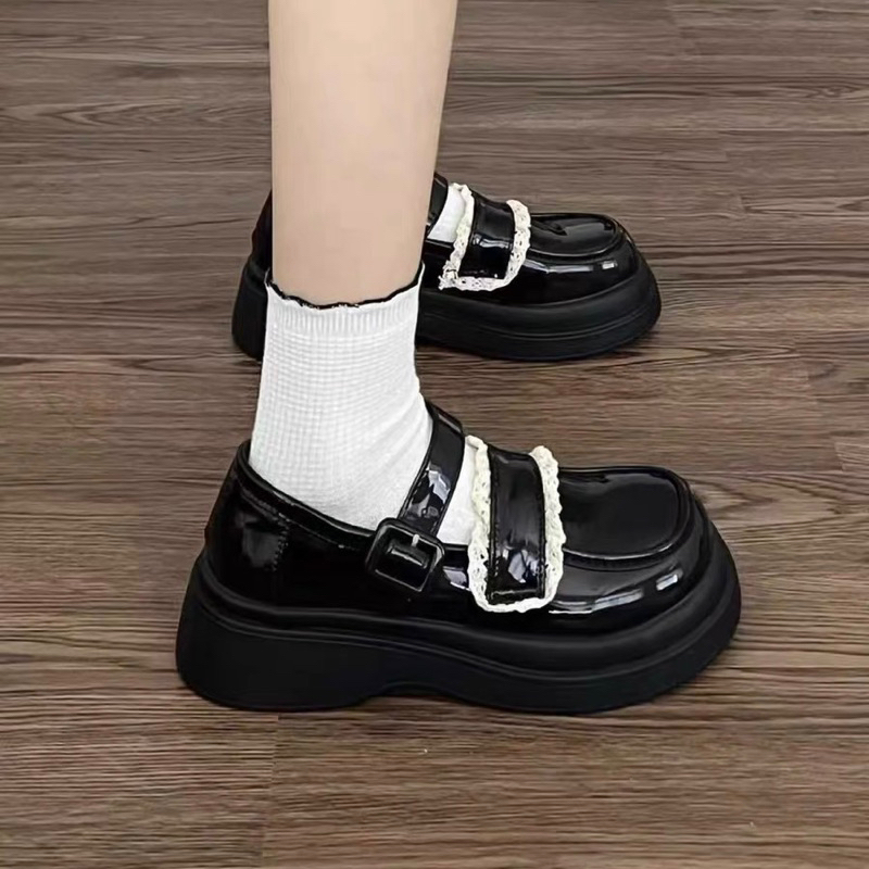 Giày lolita nữ quai cài phối ren, giày búp bê quai ngang da bóng