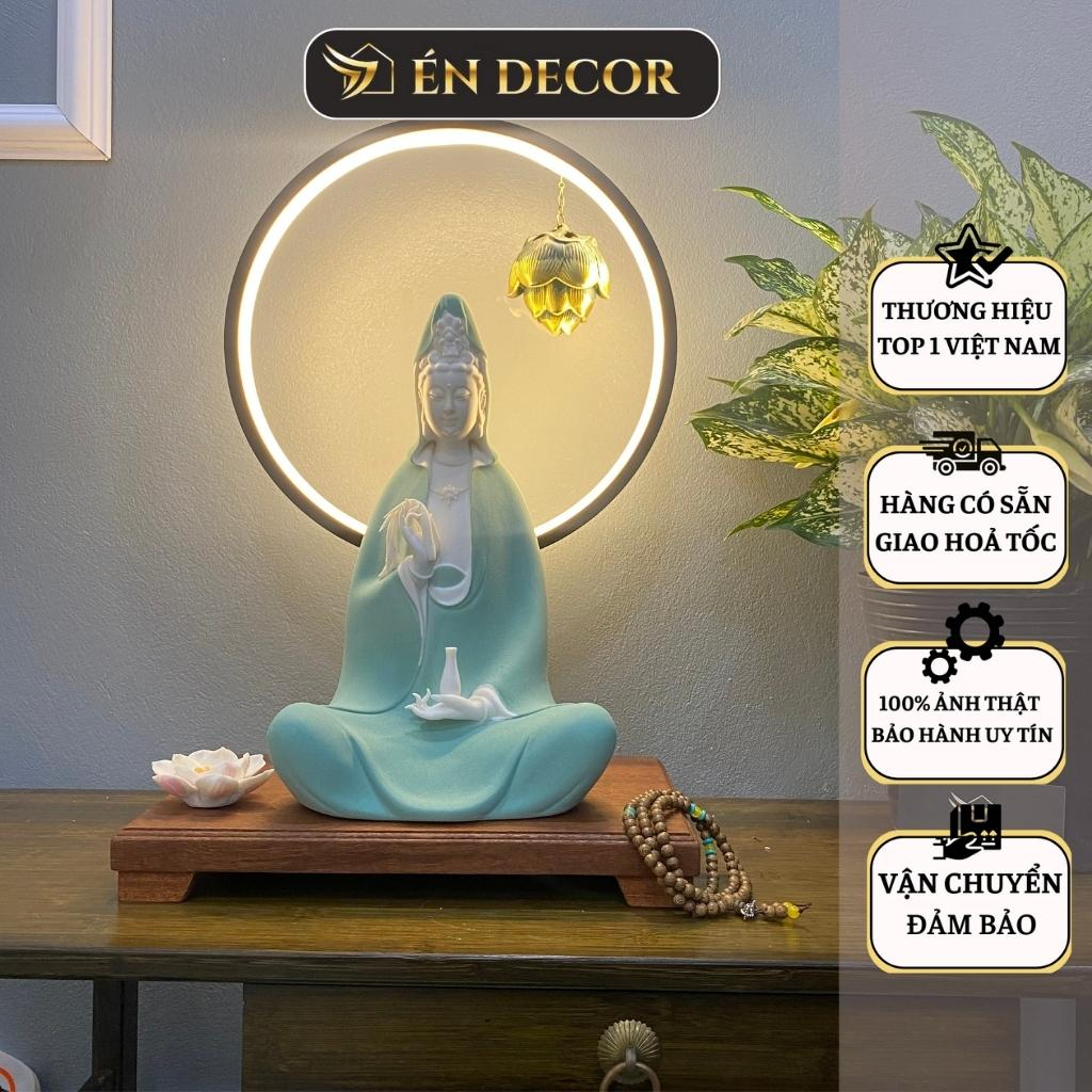 Tượng Phật Quan Âm Bồ Tát ngồi thiền ÉN DECOR màu xanh ngọc gốm tử sa kèm kệ đèn led decor trang trí,phong thuỷ an nhiên
