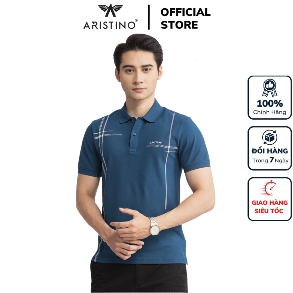 Áo thun polo nam Aristino APS044S3 phông ngắn tay cổ bẻ công sở màu xanh cổ vịt 75 in vải cotton organic cao cấp mềm mát