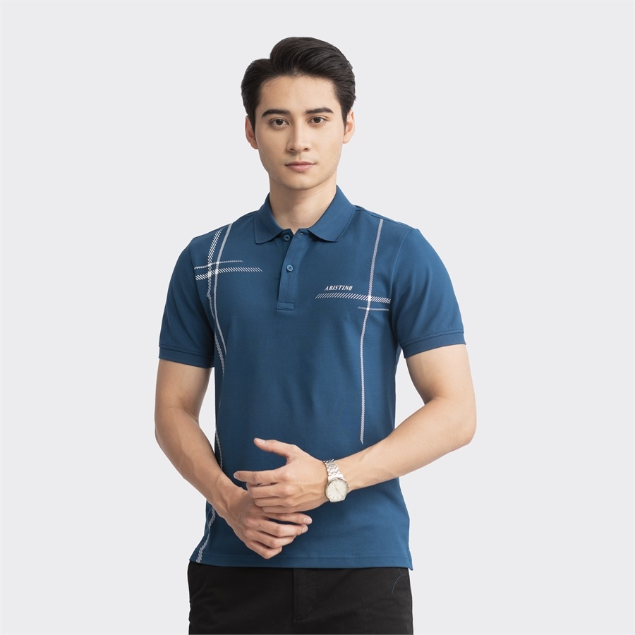 Áo thun polo nam Aristino APS044S3 phông ngắn tay cổ bẻ công sở màu xanh cổ vịt 75 in vải cotton organic cao cấp mềm mát