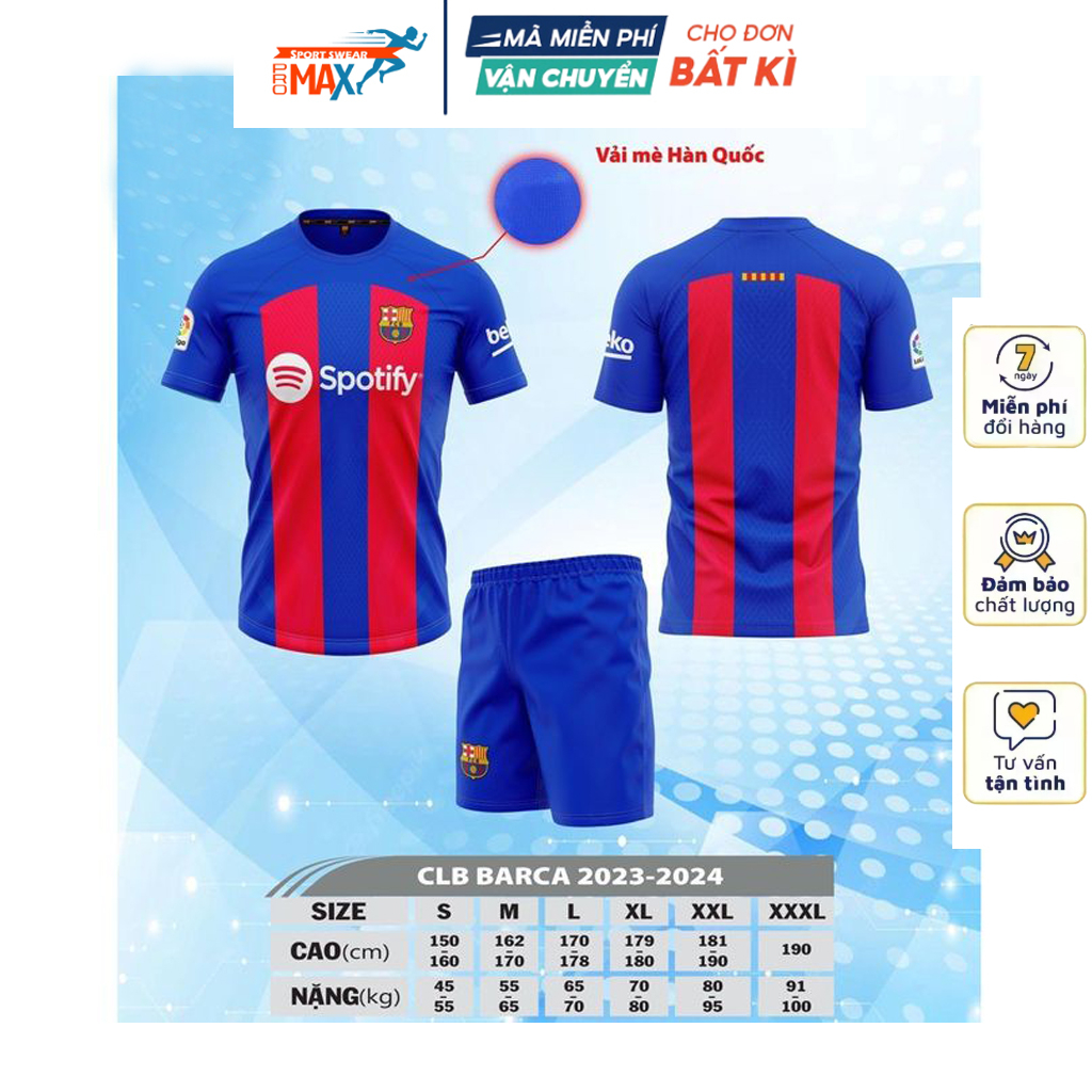 Bộ quần áo bóng đá Barcelona vải Poly thun lạnh thoáng mát đồ đá banh mẫu mới 2023 2024