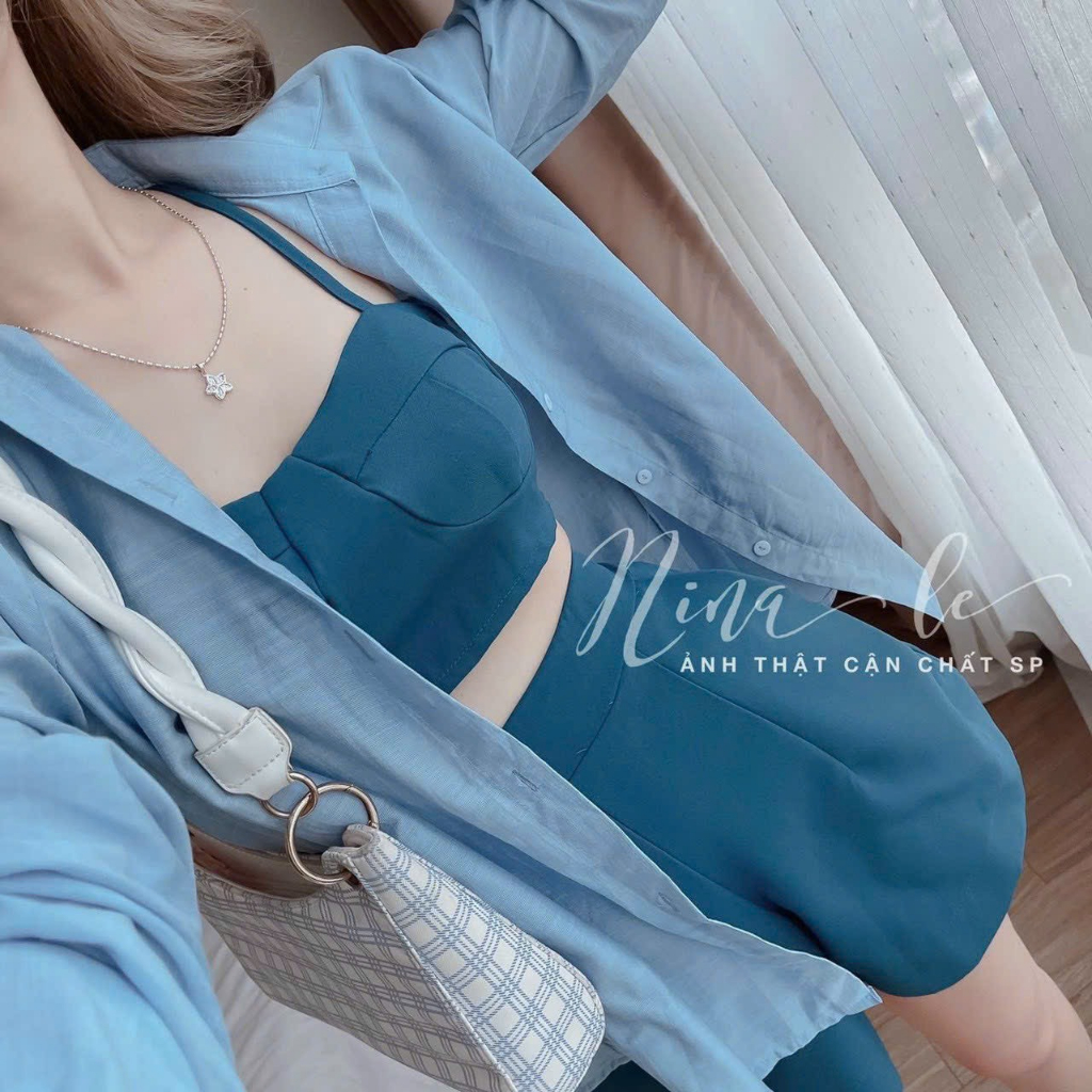 Sét đồ bộ nữ 3 món đũi áo có mút ngực kèm áo sơ mi tơ xước, sét cotton lạnh tôn dáng sang chảnh đi chơi đi biển