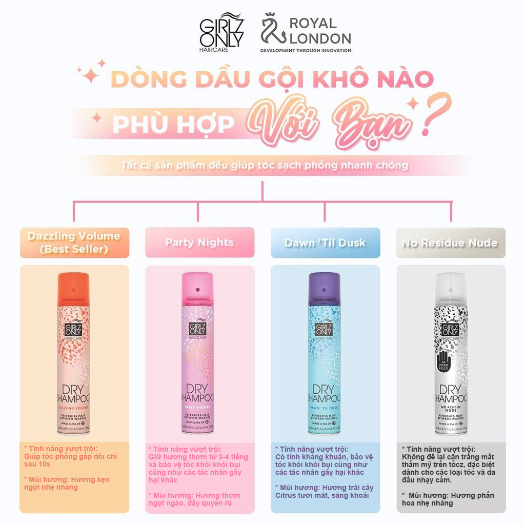 Combo 2 Dầu Gội Khô Dry Shampoo Girlz Only Dazzling Volume & For Brunette