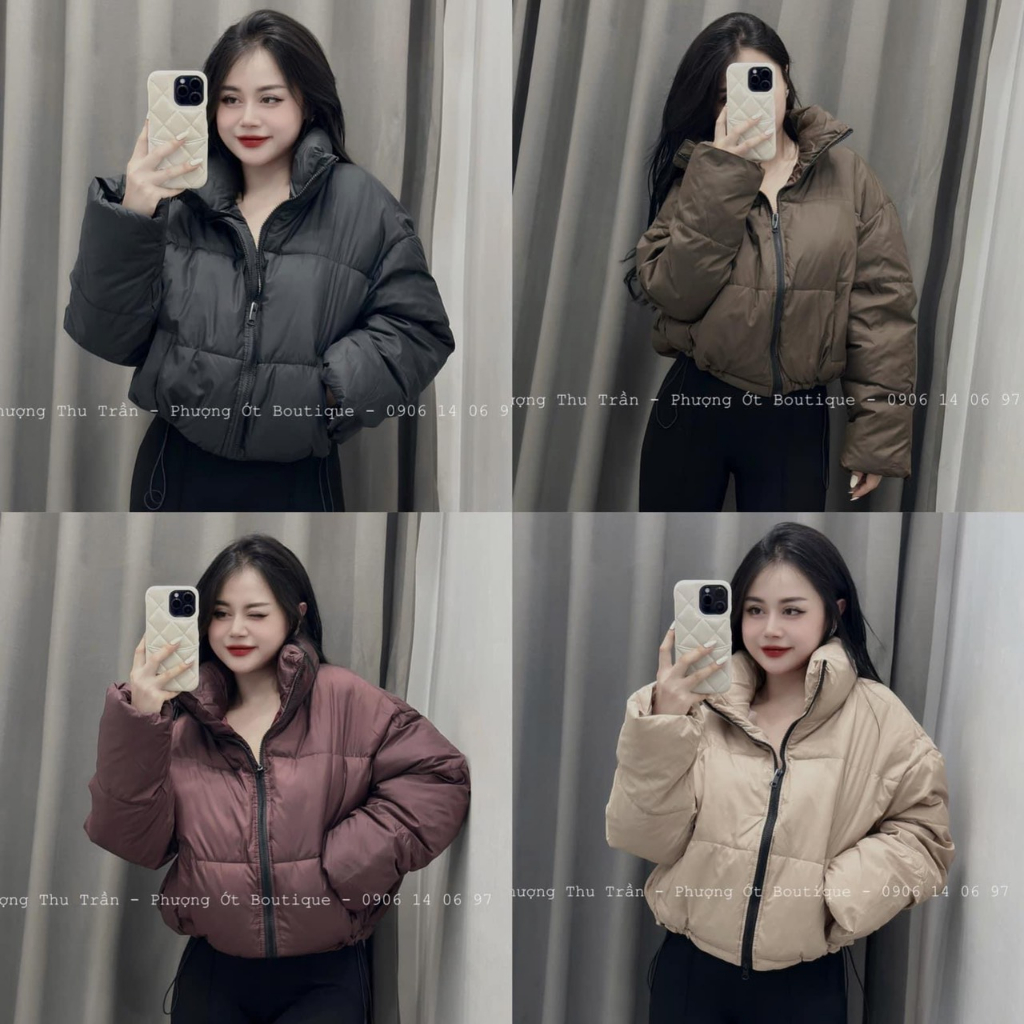 Áo khoác phao đệm dày bằng da dáng lửng croptop phong cách đường phố đơn giản.