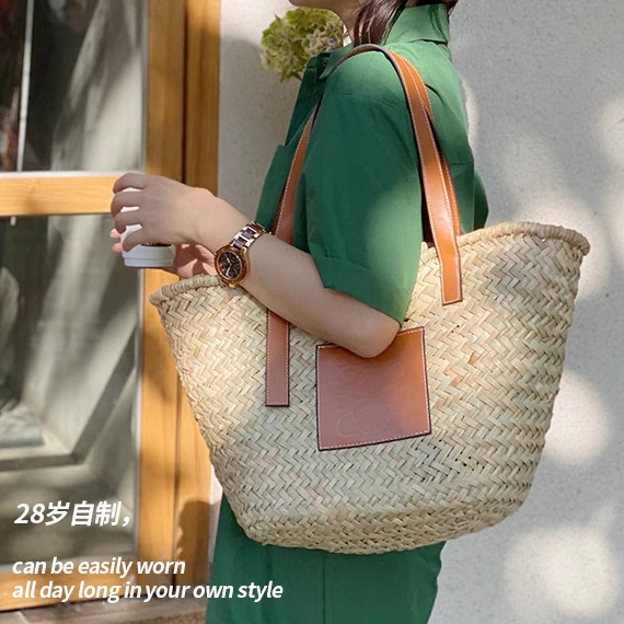 Túi Cói Nữ Đi Du Lịch Hình Xô Quai Da Khắc Logo Đi Biển