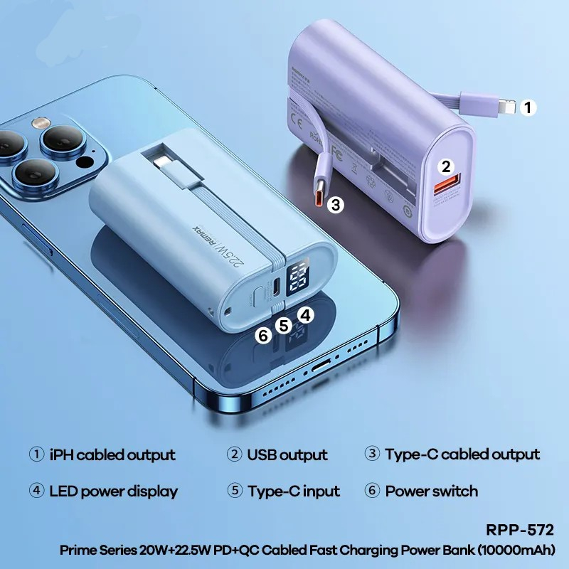 Pin Dự Phòng Nhanh 20w RPP 572 Dung Lượng 10000mAh Kèm 2 Dây Sạc Và Dây Treo Siêu Nhỏ Gọn Super 20W+22.5W PD+QC.