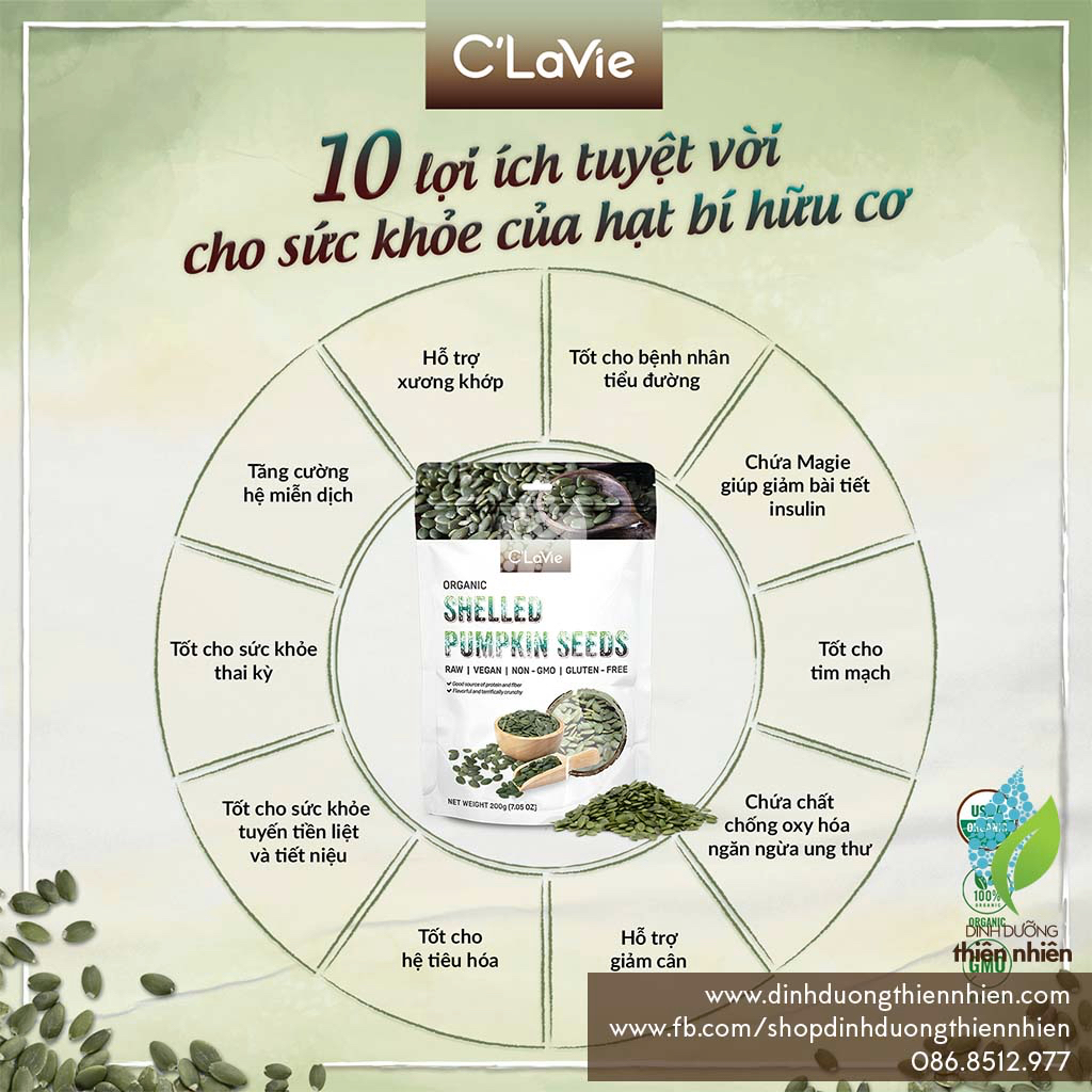 Hạt Bí Hữu Cơ C'Lavie Organic Shelled Pumpkin Seeds, 200g, Đã Tách Vỏ