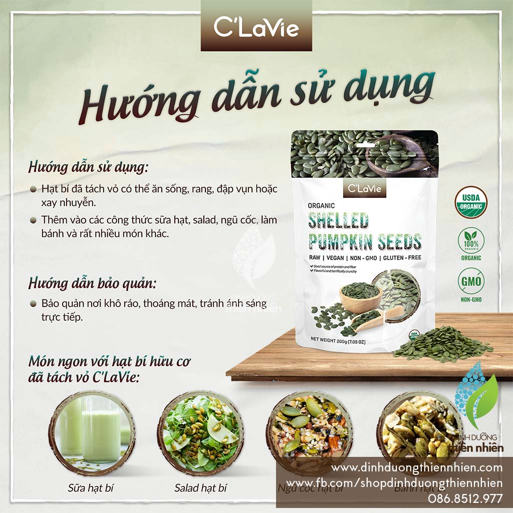 Hạt Bí Hữu Cơ C'Lavie Organic Shelled Pumpkin Seeds, 200g, Đã Tách Vỏ