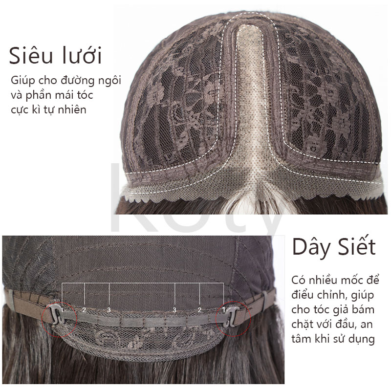 Tóc giả siêu da đầu xoăn dài mái bay Koty, tóc giả nguyên đầu siêu lưới không mái cho nữ TG100