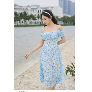 Đầm trễ vai hoa nhí xanh chất voan tơ 3D YOONA - YHB10X203