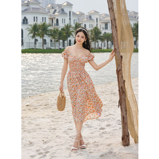 Đầm trễ vai hoa nhí cam eo chun co giãn yoona - yhb10x181
