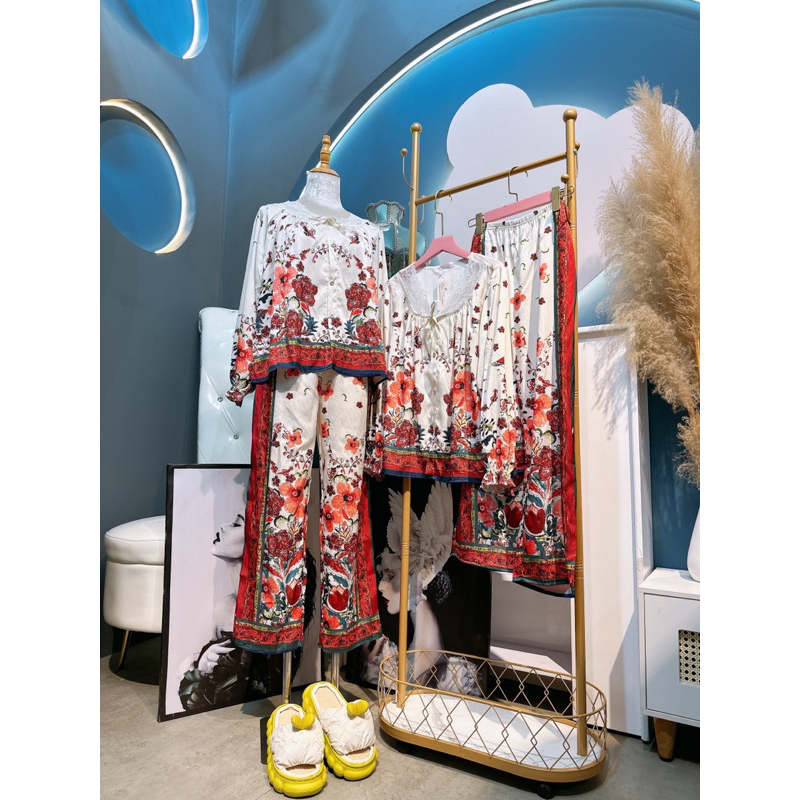 (40-60kg) Bộ pijama hoa bông bụp Lụa xước áo tay dài