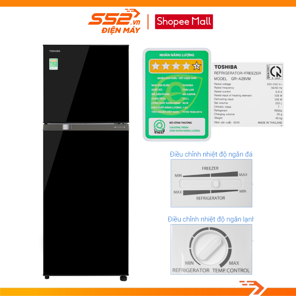 Tủ lạnh Toshiba Inverter 233 lít GR-A28VM - Hàng chính hãng