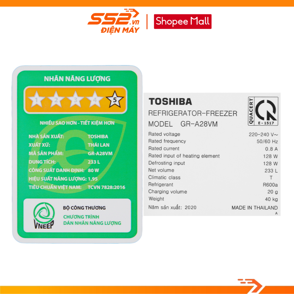 Tủ lạnh Toshiba Inverter 233 lít GR-A28VM - Hàng chính hãng