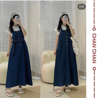 Váy Yếm JEAN Dáng Dài Chữ A Phong Cách Ulzzang, Váy Yếm Bò 2 Dây Kèm Đai Demin