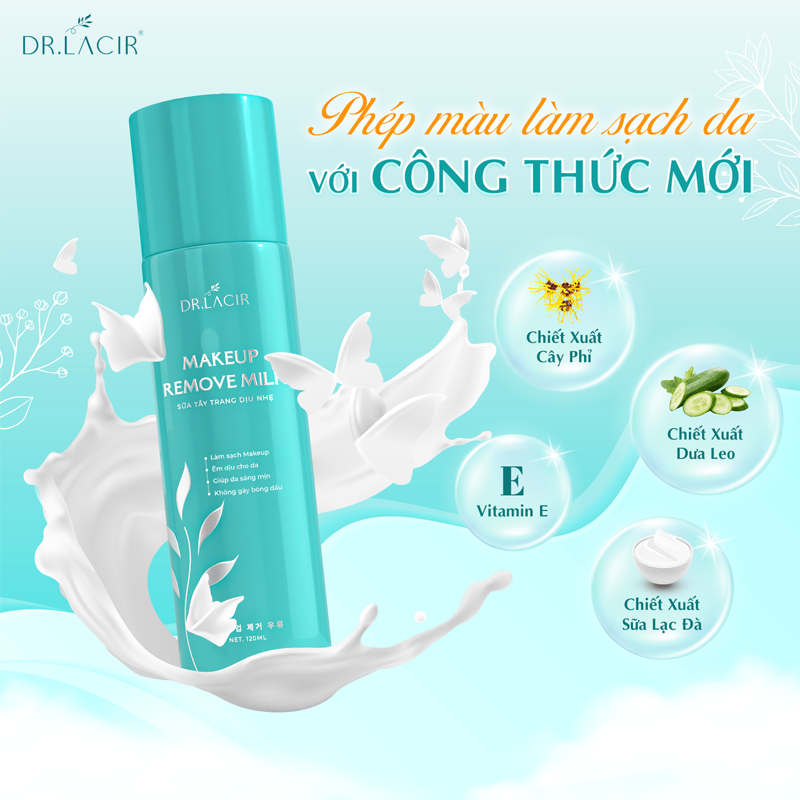 Sữa tẩy trang dịu nhẹ Dr Lacir Makeup Remove Milk giúp làm sạch lớp makeup cặn bẩn trên da làm mềm mịn da 120ml