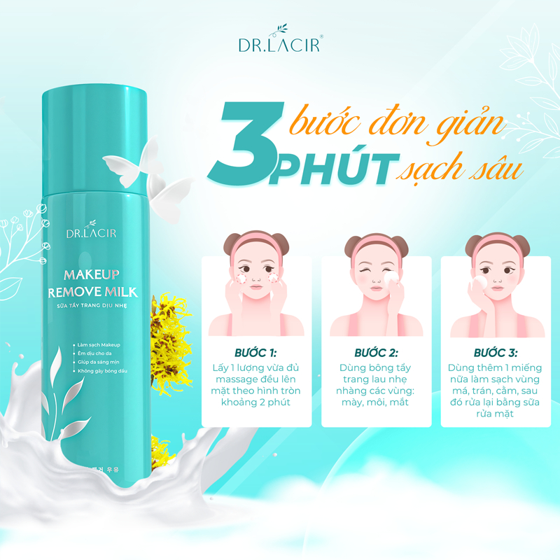 Sữa tẩy trang dịu nhẹ Dr Lacir Makeup Remove Milk giúp làm sạch lớp makeup cặn bẩn trên da làm mềm mịn da 120ml