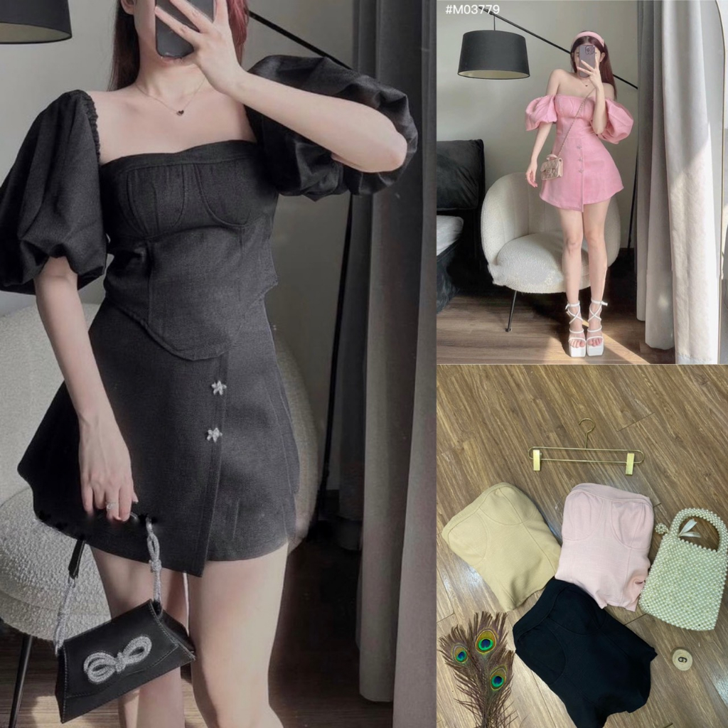 Sét bộ áo tay phồng cúp ngực kèm chân váy xẻ tà dáng A mix charm đá bigsize KN từ 50 kg đến 100 kg M/L/XL/XXL