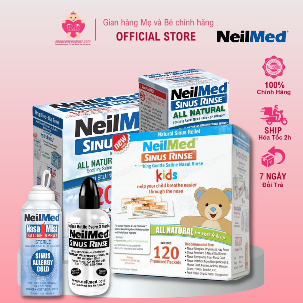Nước Rửa Mũi NeilMed Sinus Rinse gồm bình xịt, bình rửa, gói muối- Xuất xứ Mỹ - Date 09/2023
