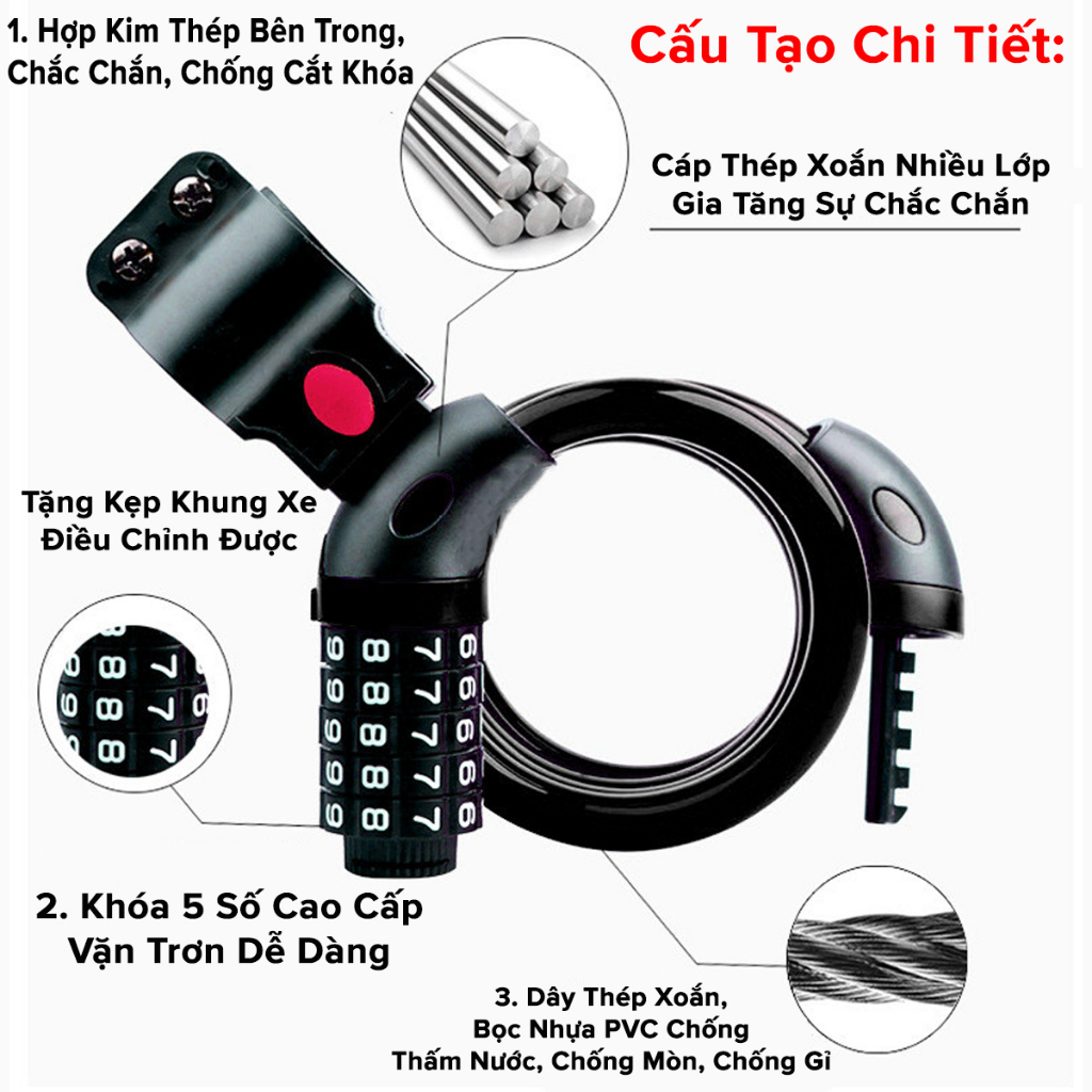 Khóa Xe Đạp Dây Lõi Thép 5 Số Dài 120cm – Chọn Màu – Bộ Khóa Xe Máy Thông Minh Chống Trộm Chống Cắt Cao Cấp