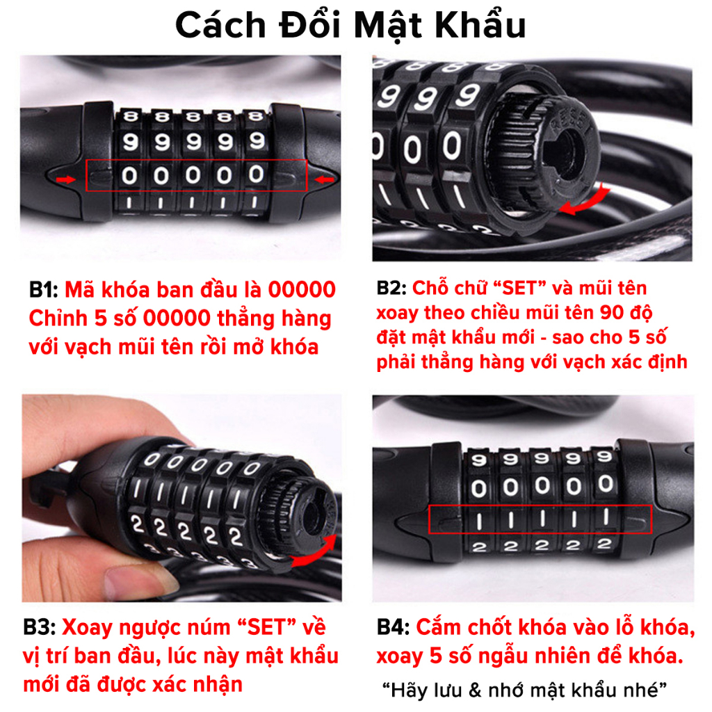 Khóa Xe Đạp Dây Lõi Thép 5 Số Dài 120cm – Chọn Màu – Bộ Khóa Xe Máy Thông Minh Chống Trộm Chống Cắt Cao Cấp