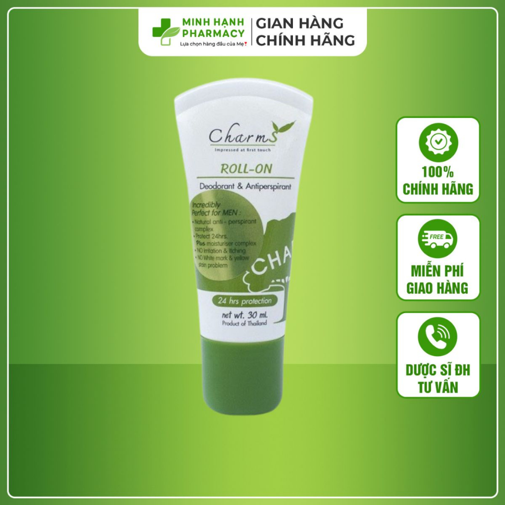 Lăn nách Charms Roll On ngăn ngừa tiết mồ hôi, giúp khô thoáng sáng mịn, không ố vàng nhập khẩu Thái Lan - 30ml