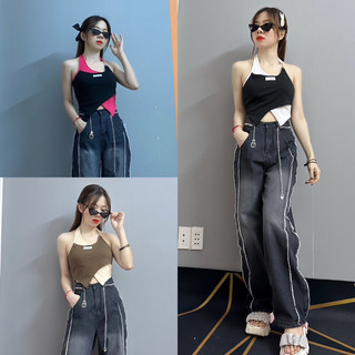 Áo yếm croptop hở lưng phối 2 màu tà nhọn siêu xinh, Áo croptop nữ cổ yếm phối màu