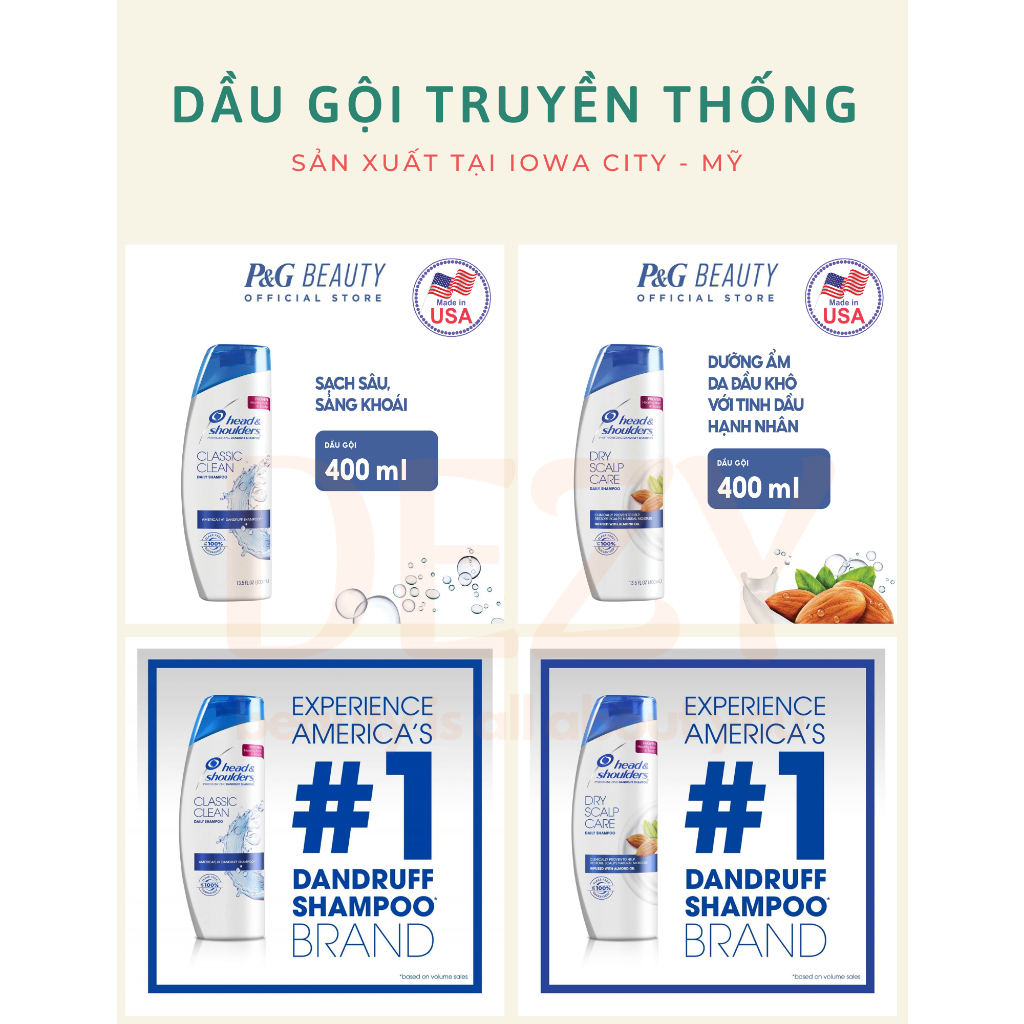 Dầu Gội Head Shouders Mỹ 2in1 Gội Và Xả Giảm Gàu Cho Nam Nữ - Sạch Sâu Dưỡng Ẩm Tóc Khô Giúp Suôn Mượt Chăm Sóc Tóc Dezy