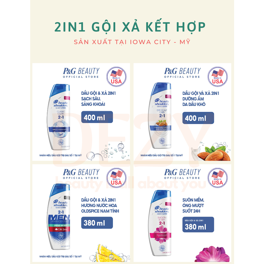 Dầu Gội Head Shouders Mỹ 2in1 Gội Và Xả Giảm Gàu Cho Nam Nữ - Sạch Sâu Dưỡng Ẩm Tóc Khô Giúp Suôn Mượt Chăm Sóc Tóc Dezy