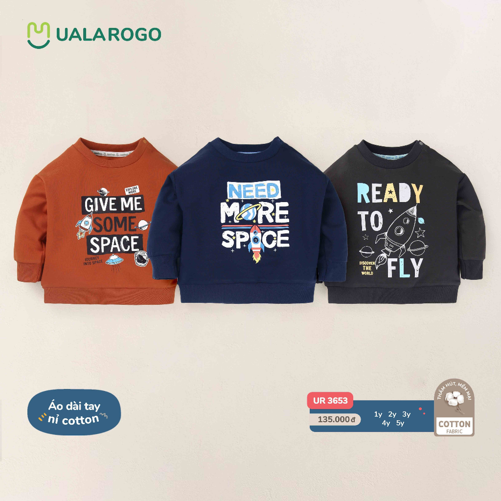 Áo dài tay cho bé Ualarogo 1 - 5 tuổi cài vai vải Cotton nỉ mềm mại ấm áp thoáng khí