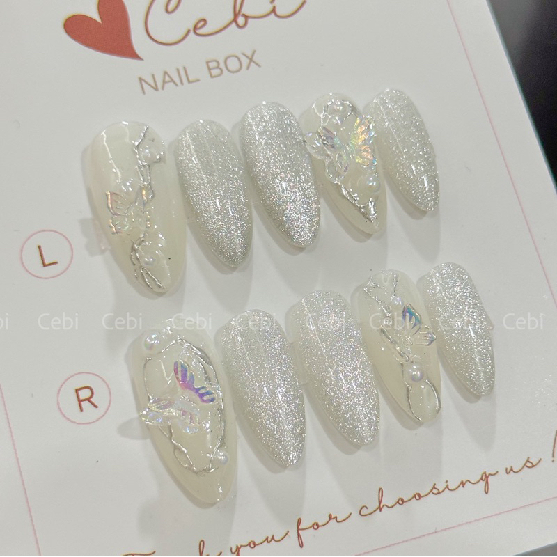 Nailbox thiết kế C223 cô dâu kỷ yếu mắt mèo vẽ nổi gắn charm nơ dễ thương cebi.nailbox