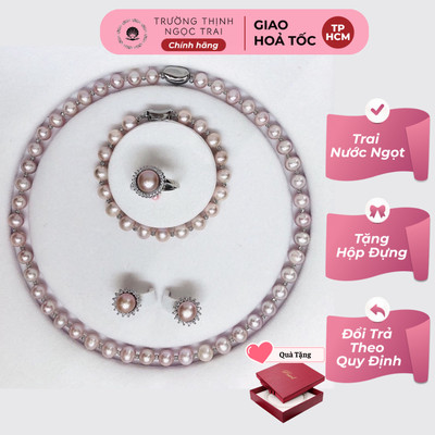 Bộ Trang Sức Ngọc Trai Màu Hồng Phấn 4 Món Như Hình Làm Quà Tặng, Đi Dự Tiệc Sang Trọng - Ngọc Trai Trường Thịnh