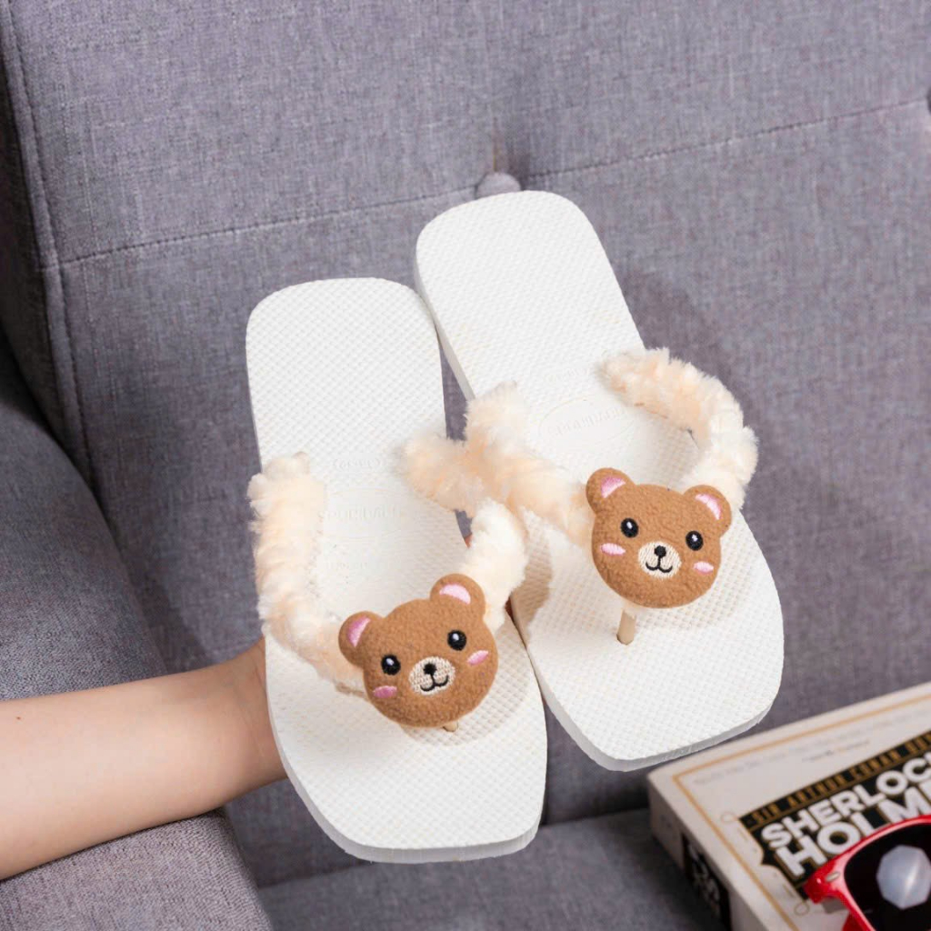 Dép kẹp nữ Havai quai lông  phối gấu bông siêu mịn siêu êm
