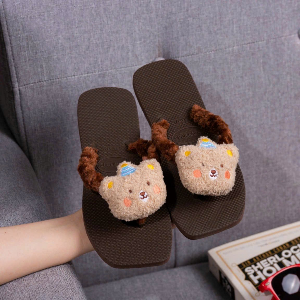 Dép kẹp nữ Havai quai lông  phối gấu bông siêu mịn siêu êm