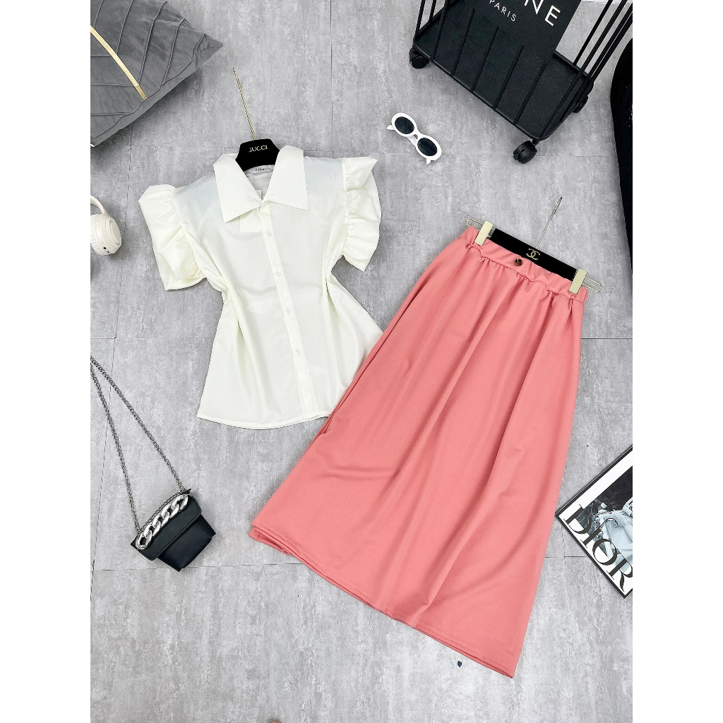🌸 FREESHIP 25k🌸SET ÁO SƠ MI ÓNG TAY BÈO KÈM CHÂN VÁY HỒNG DÀI