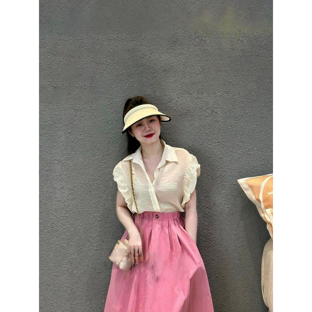 🌸 FREESHIP 25k🌸SET ÁO SƠ MI ÓNG TAY BÈO KÈM CHÂN VÁY HỒNG DÀI