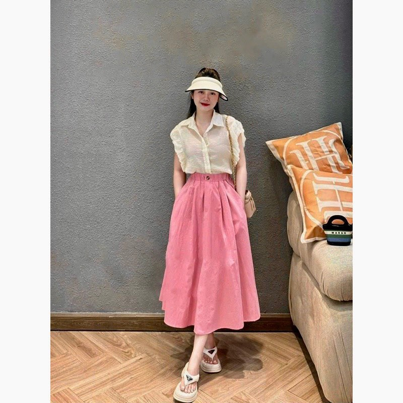 🌸 FREESHIP 25k🌸SET ÁO SƠ MI ÓNG TAY BÈO KÈM CHÂN VÁY HỒNG DÀI