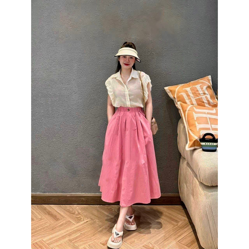 🌸 FREESHIP 25k🌸SET ÁO SƠ MI ÓNG TAY BÈO KÈM CHÂN VÁY HỒNG DÀI