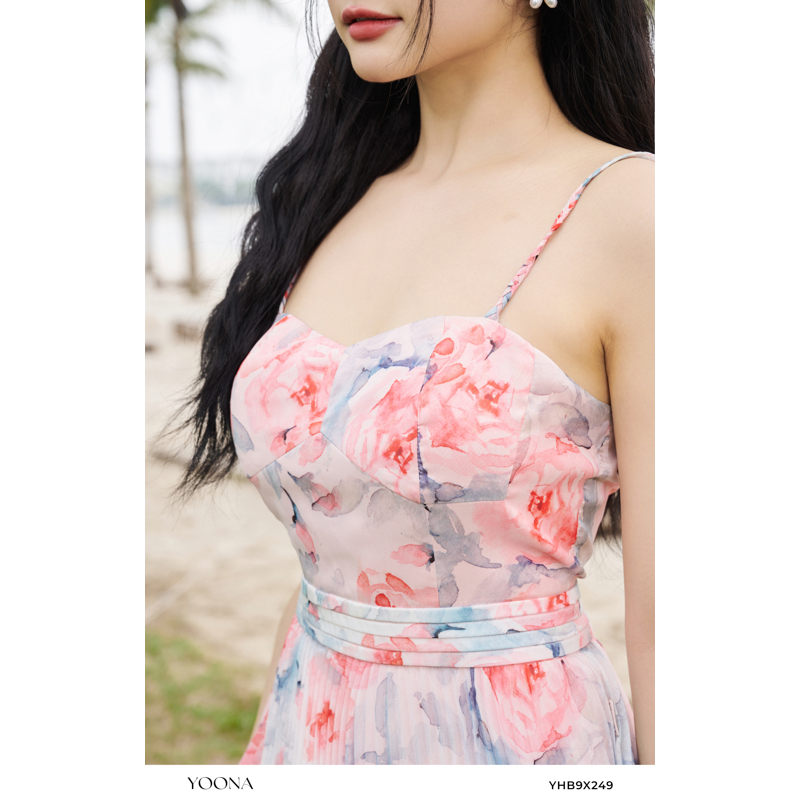 Đầm maxi 2 dây thiết kế đầm tầng tơ hoa hồng YOONA - YHB9X249