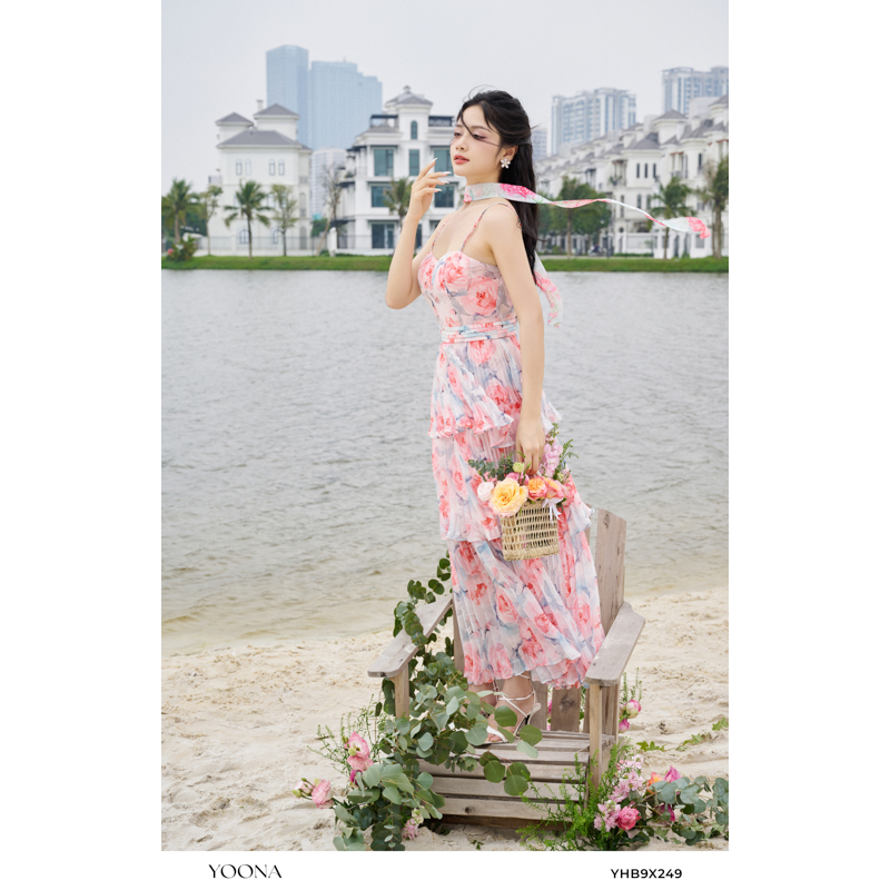 Đầm maxi 2 dây thiết kế đầm tầng tơ hoa hồng YOONA - YHB9X249