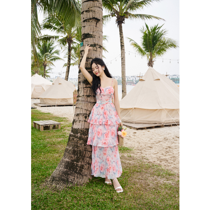 Đầm maxi 2 dây thiết kế đầm tầng tơ hoa hồng YOONA - YHB9X249