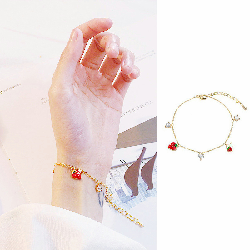 🍒🍒CHERRYKOKO Vòng Đeo Tay Đính Đá Opal Hình Quả Dâu Tây Dễ Thương Cho Nữ