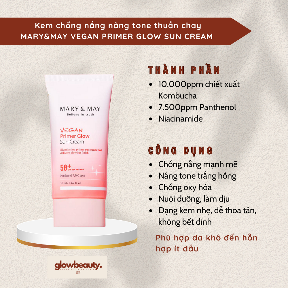 Kem chống nắng nâng tone thuần chay Mary&May Vegan Primer Glow Sun Cream SPF50+ PA++++ 50ml [Glow Beauty]