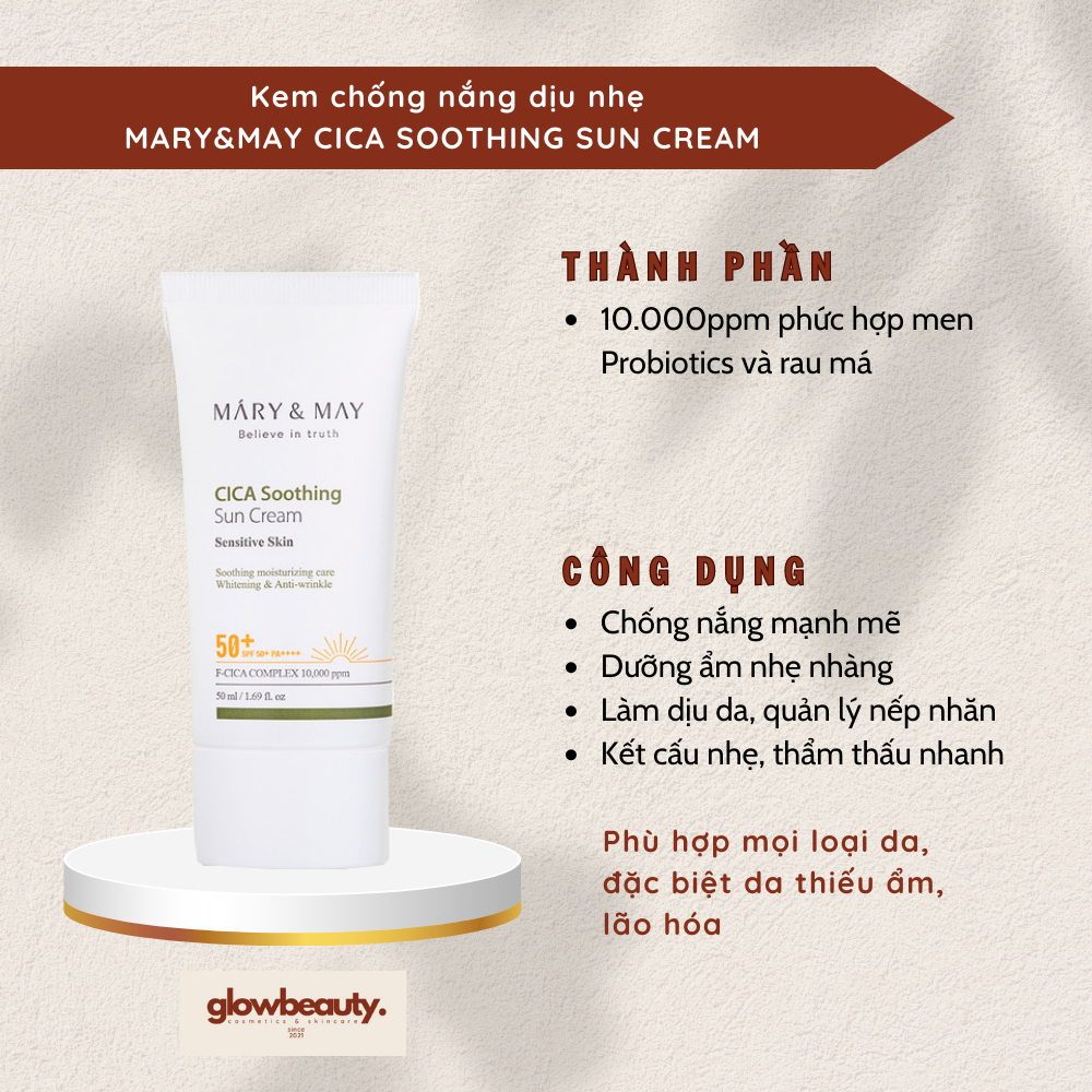 Kem chống nắng dịu nhẹ Mary&May CICA Soothing Sun Cream SPF50+ PA++++ 50ml [GLOW BEAUTY]