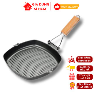 Chảo chống dính 24cm hình vuông tay gập cán gỗ đế dày dùng để chiên xào, nướng bbq đa năng không kén bếp