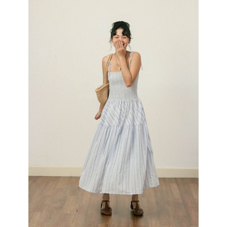 Ariustees - đầm dây nhún ngực caro xéo blue ocean smock dress