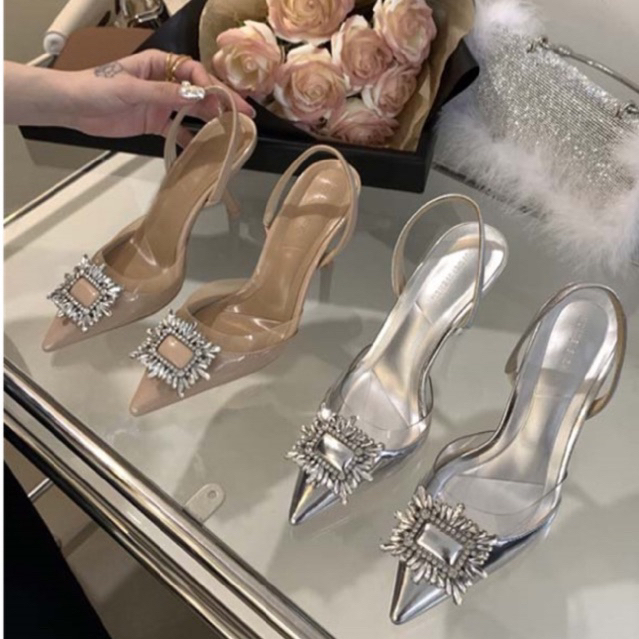 Giày Slingback quai hậu hở gót đính đá vuông 355-1
