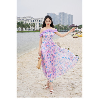 Đầm maxi trễ vai phối bèo chất tơ hoa tím YOONA - YHB9X215