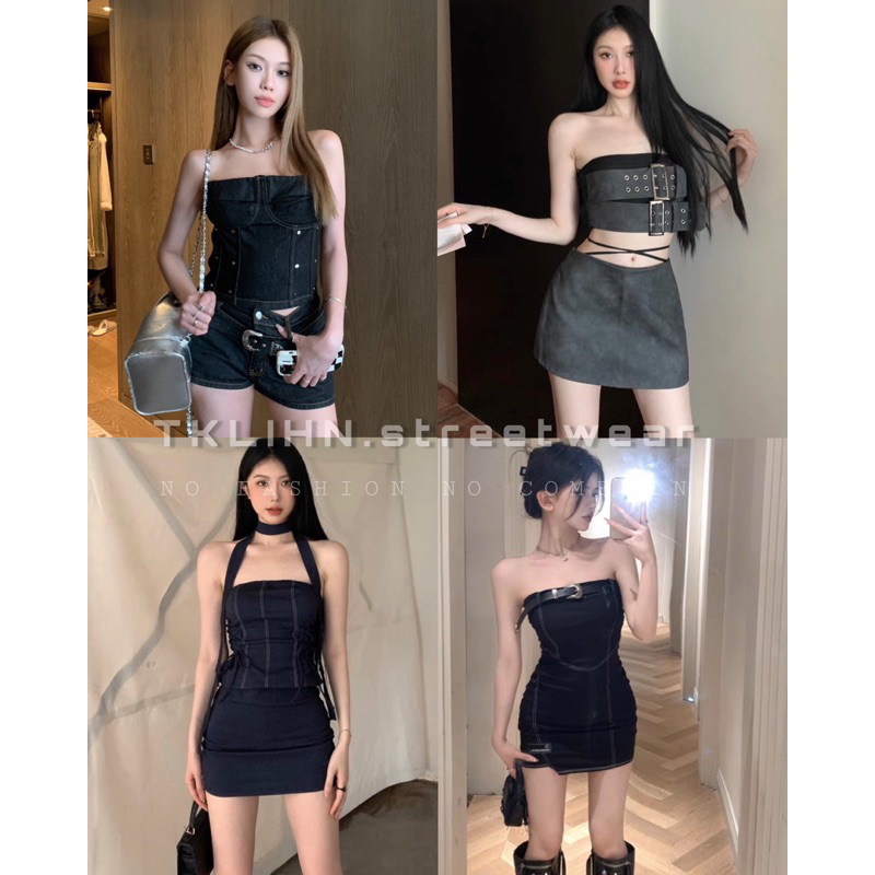 TKLIHN Set váy ULZZANG áo quây JEANS cá tính HOT TREND + chân váy cá tính HOT FASHIONITA 2023 Váy ôm body DENIM sexy